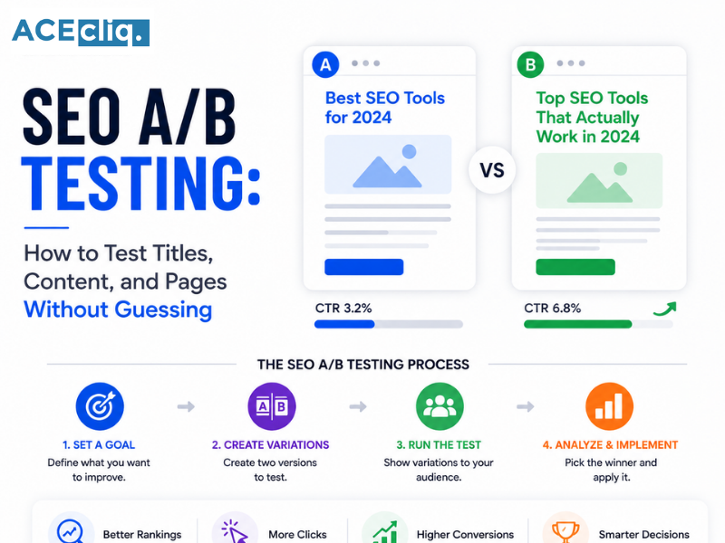 SEO A/B Testing showing title testing, content optimization, search rankings, organic traffic, CTR analysis, and SEO performance data