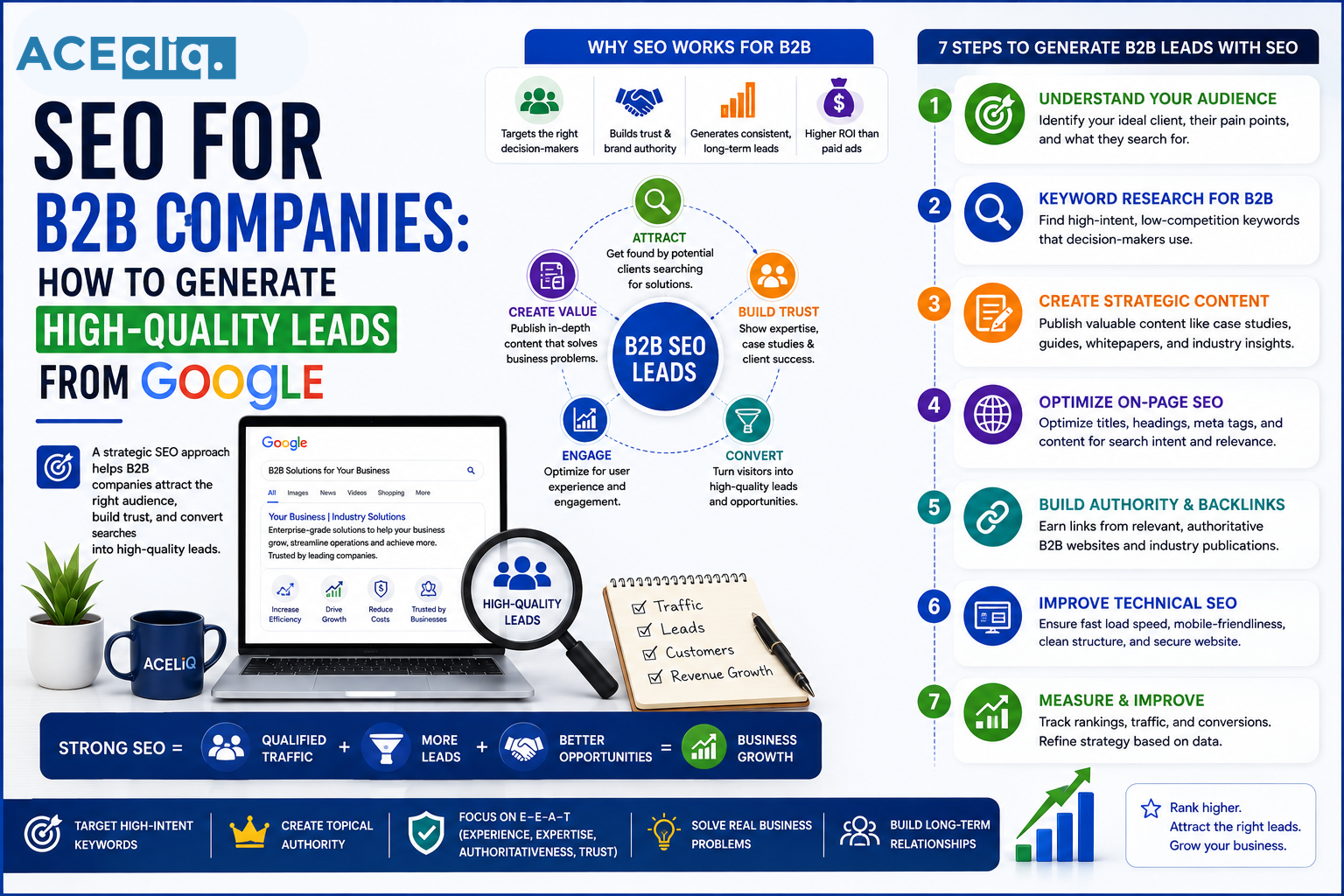 SEO for B2B Companies SEO for B2B Companies showing Google search rankings, B2B keyword research, content strategy, qualified leads, and organic lead generation