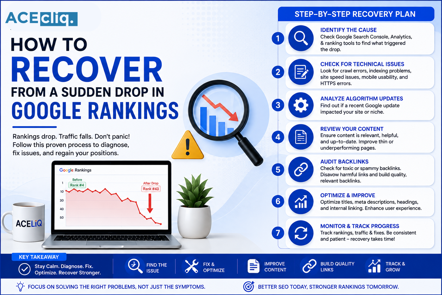 google-ranking-drop-recovery How to Recover From a Sudden Drop in Google Rankings showing SEO analysis, Google Search Console, organic traffic recovery, and ranking improvement